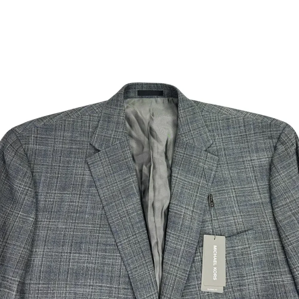 Michael Kors Mens Kent Classic Fit Stretch Windowpane Sport Coat Gray Blue 50R